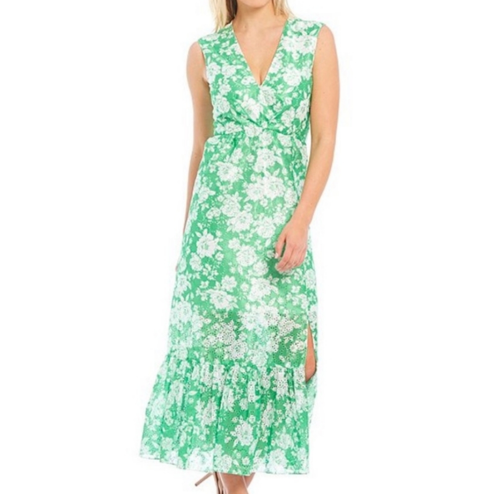 Sachin & Babi Blair Eyelet Sleeveless Floral Print Flounce Hem Maxi Dress